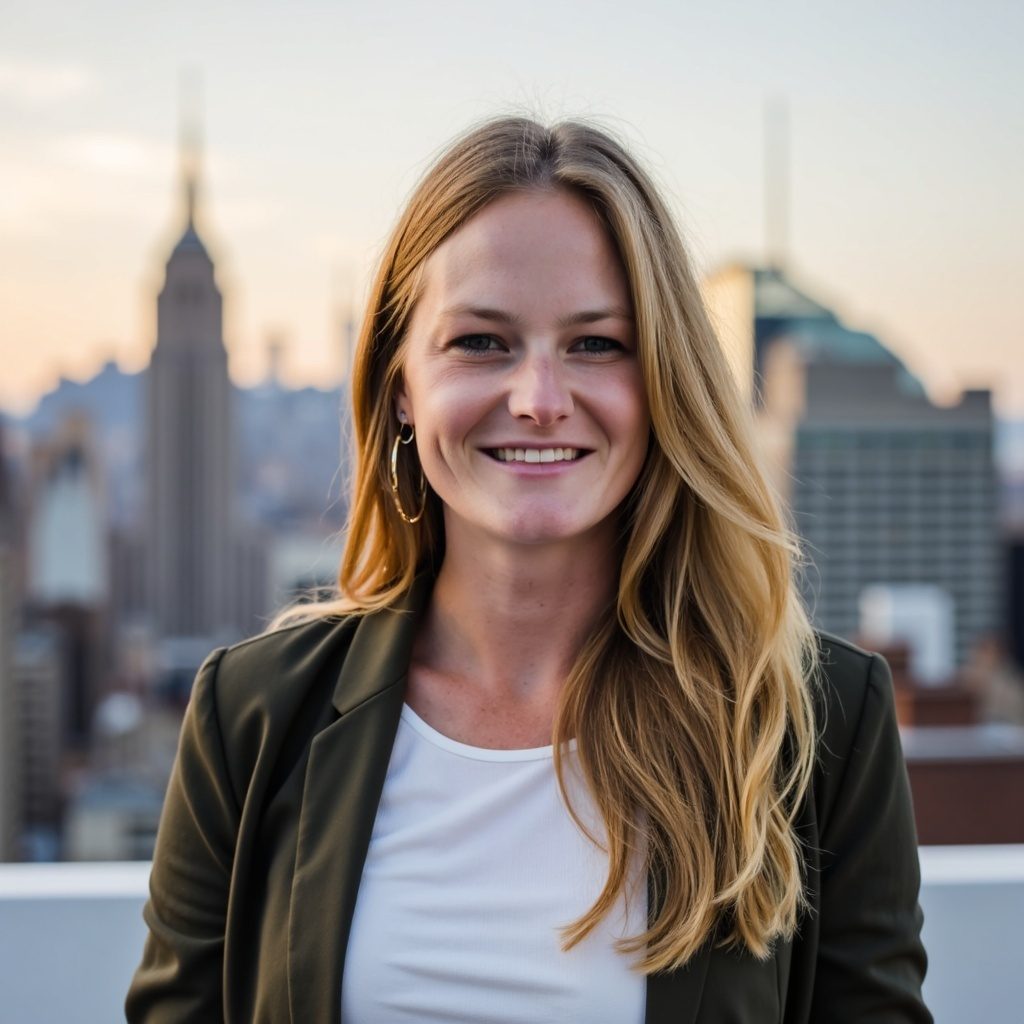 Elizabeth Arnold with a city skyline behind her